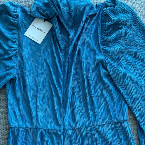 Glamorous Turquoise Textured High-Neck Mini Dress Size US 8 - Picture 11 of 16